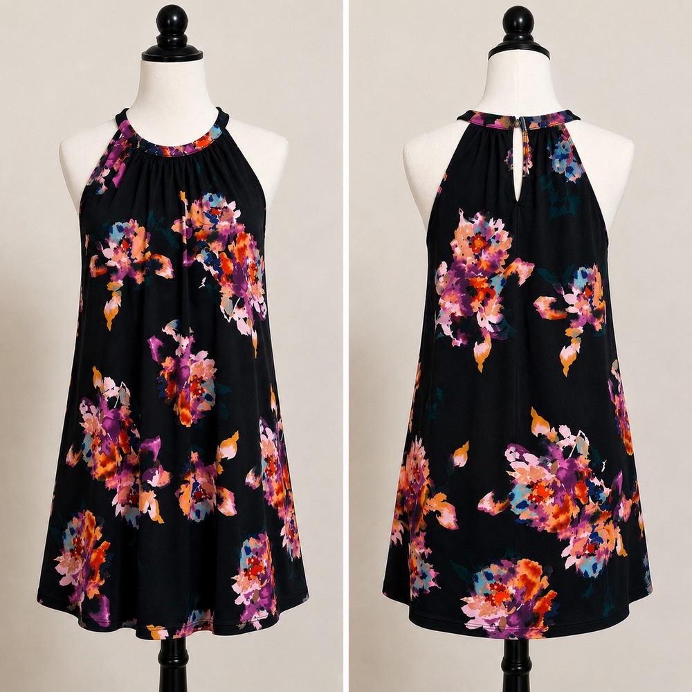 Rachel Zoe Floral Halter Mini Dress M Black Pink Watercolor Built-in Bra NWT